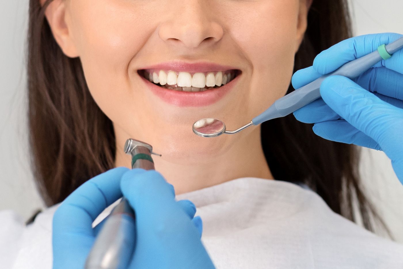 Beautiful,Smile,Concept.,Smiling,Young,Woman,Attenting,Dental,Clinic,,Hands
